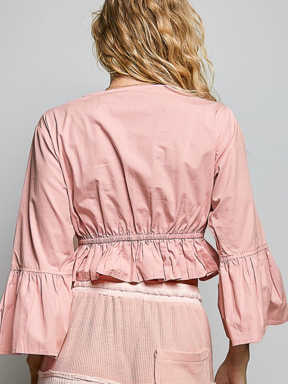 B33 POL V-Neck Embroidwered 3/4 Sleeve Top W/ Tassels Pink NEW - Picture 3 of 4
